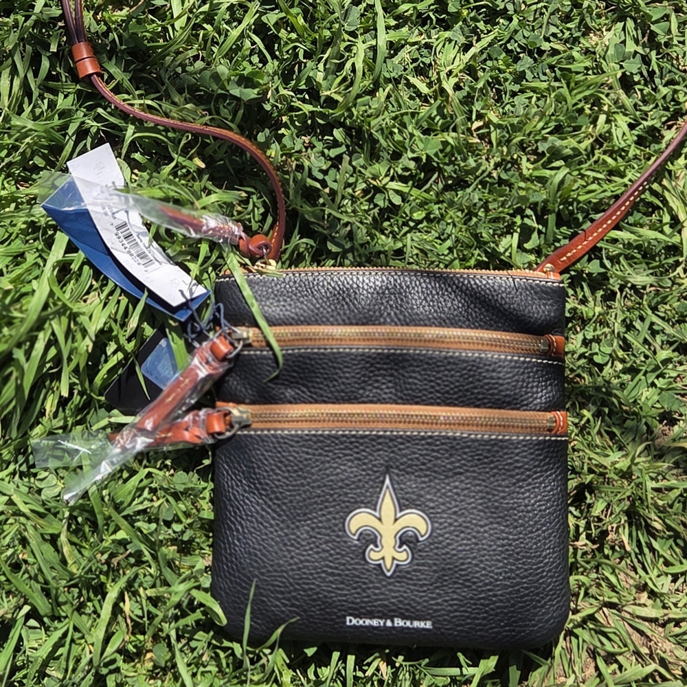 Dooney & Bourke Black Crossbody with Gold Fleur-de-Lis and Tan Trim